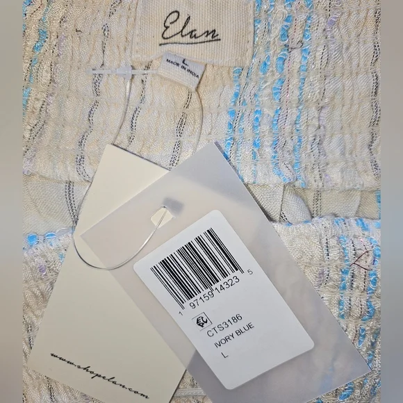 Elan Smocked High Waist Cream and Blue Striped Faux Wrap Coverup Shorts - Picture 3 of 11